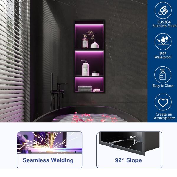 12x30 Inch Shower Wall Niche Waterproof Painting Finish With LED