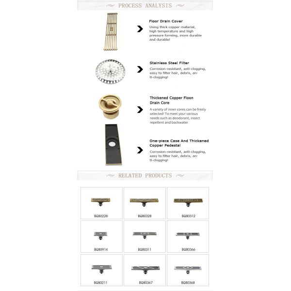Rectangular Long Brass Floor Drain Insert for Bathroom Shower for Hotel Use