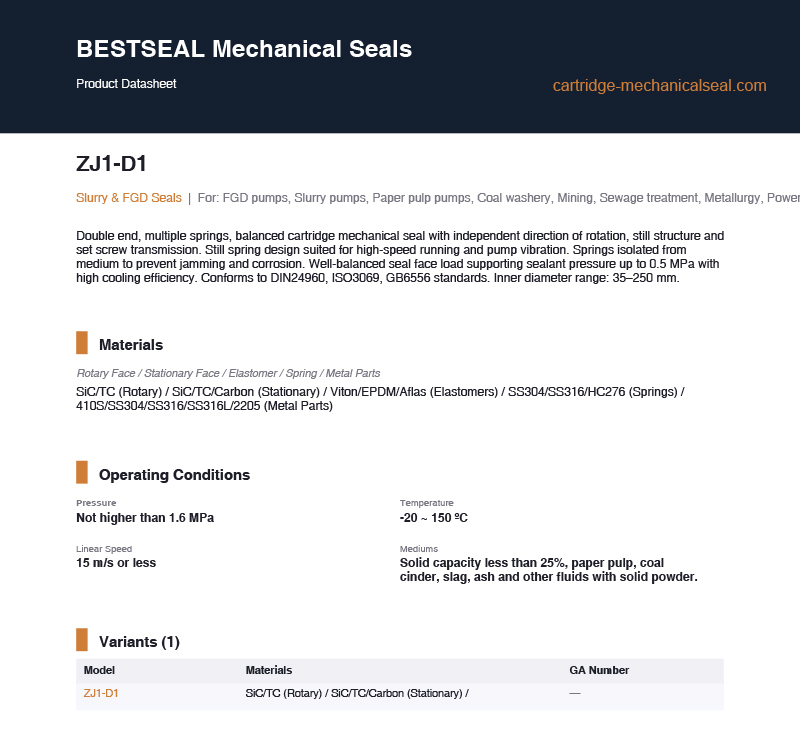 Type ZJ1-D1 Double Cartridge Mechanical Seal for Paper Pulp FGD Slurry Pumps