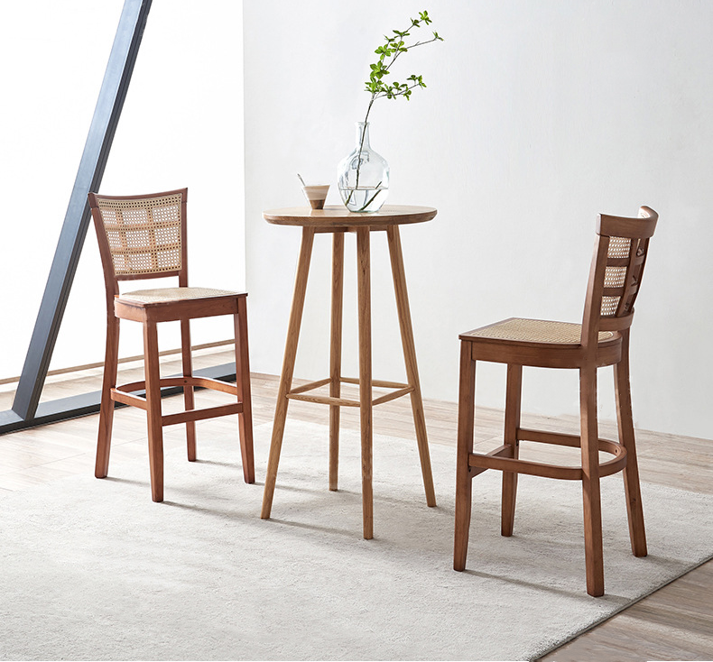Custom Kitchen Bar Chair Solid Wood Leg Cane Counter Stool 43cm*43cm*109cm Weight Limit 100KG