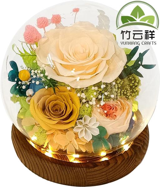 Customized Wooden Base Eternal Rose Preserved Rose in Beautiful Creative Design Strong Glass Dome Gift
