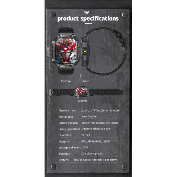 KR82 2.1'' Sports Smart Watch Large Screen Compass Heart Rate Monitoring Flashlight