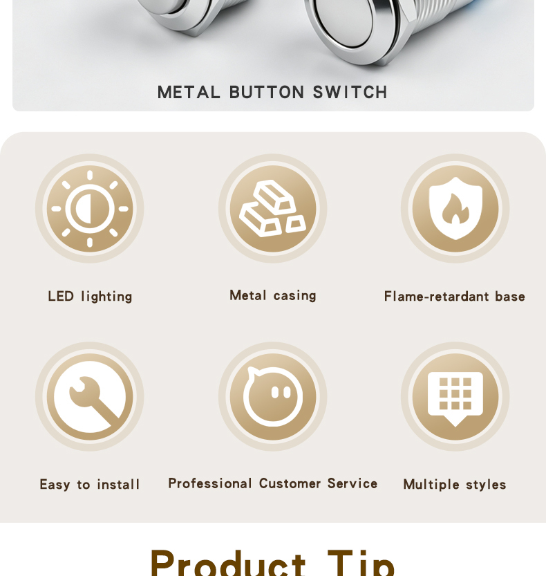 12mm Metal 2-Pin Push Button Switch, Self-Locking and Self-Resetting, Screw Terminals, Solder Pins, No Light, High Flat Head, Small Modding Button