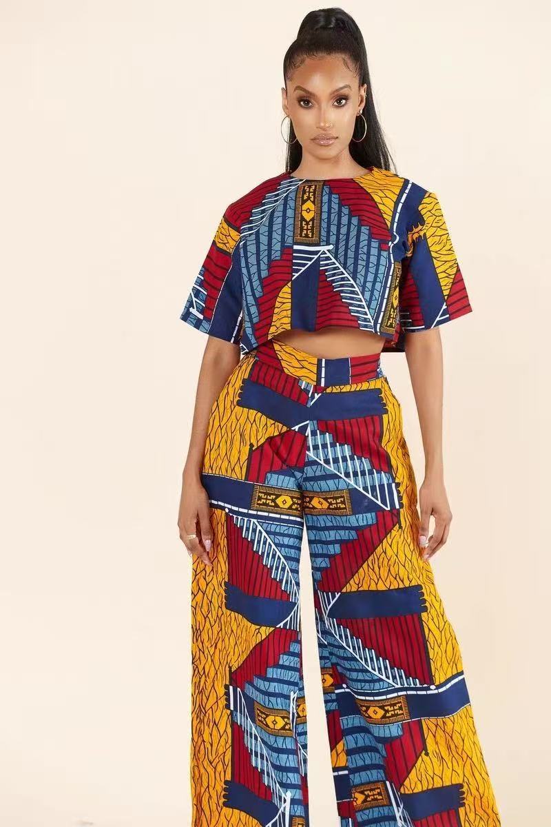 Women's African Print Two-Piece Set with Breathable Polyester Cotton Blend, Elastic Waistband Wide-Leg Pants, and Colorful Geometric African Pattern