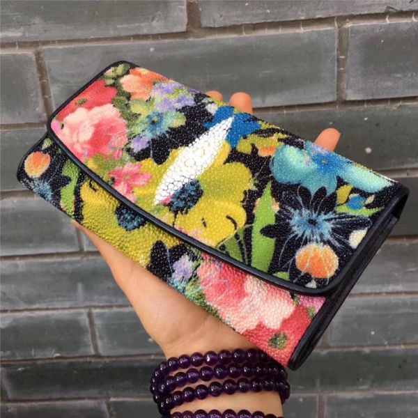 Authentic Stingray Skin Female Long  Flower Trifold Wallet Genuine Leather Lady Large Clutch Bag Women Floral Coin Purse