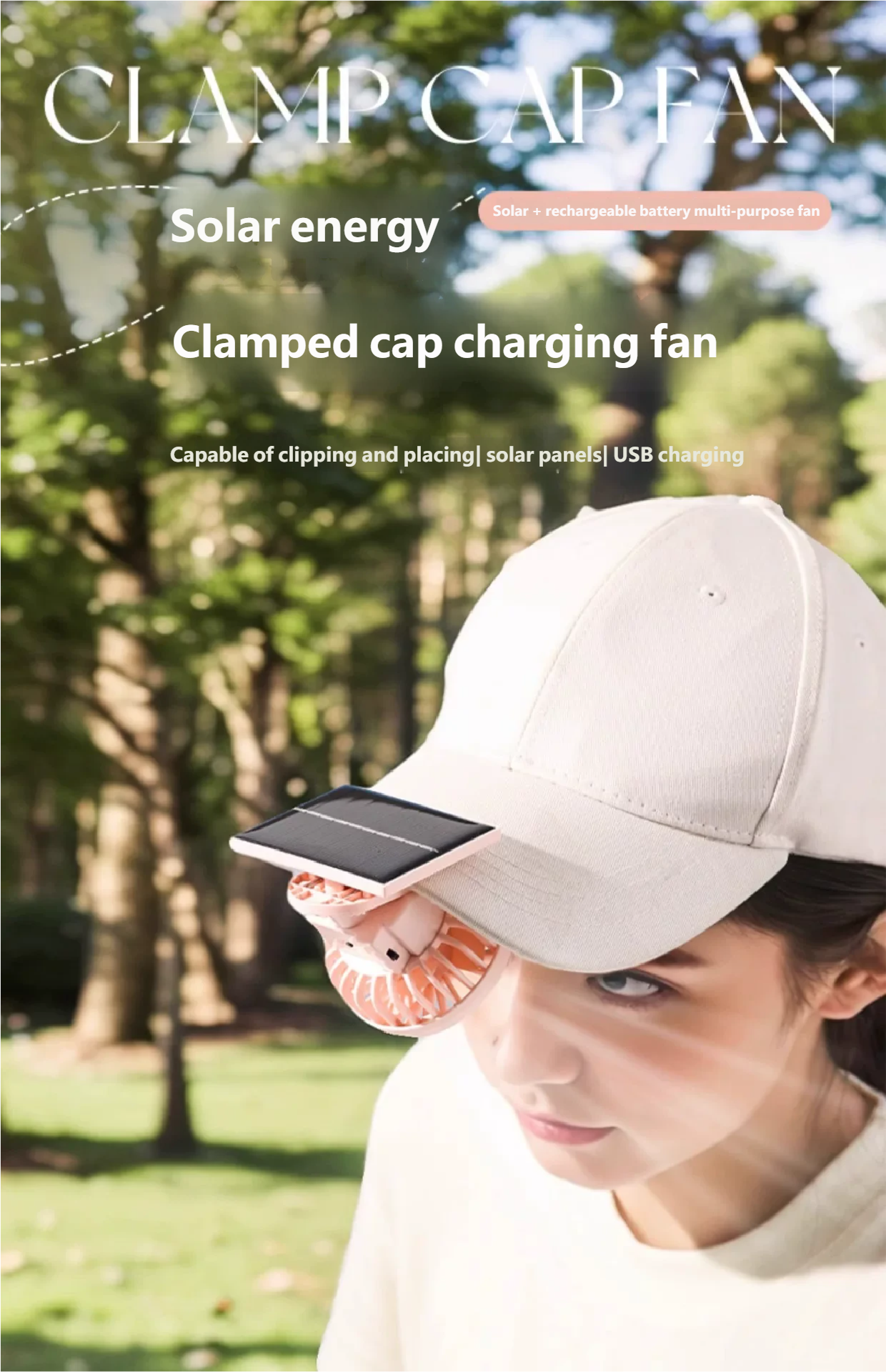 Dual Power Hat Fan, Solar & USB Charging Wearable Mini Fan Lightweight Hands
