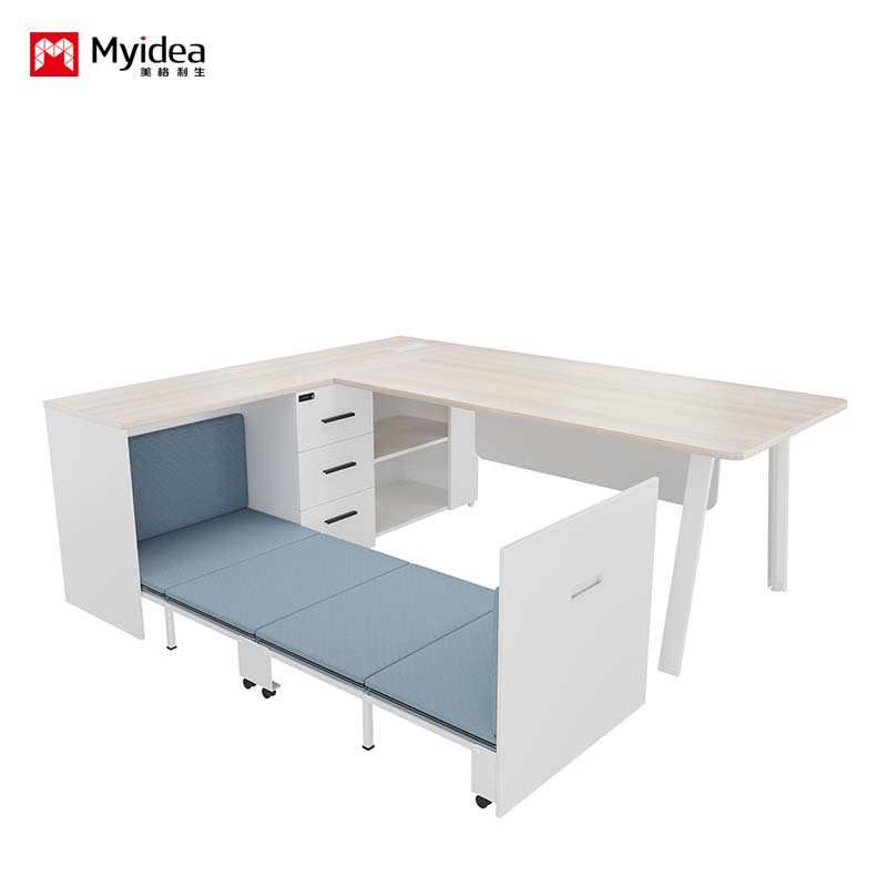 Myidea Space-Saving Executive Workstation – Manager Desk with Fold-Out Sleeping Cot and Storage Drawers, Ideal for Private Offices.
