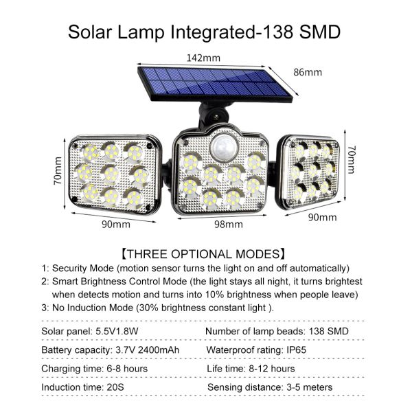 6500K 1.8W Outdoor LED Solar Lamp 270 Wide Angle 3.7V 2400mah