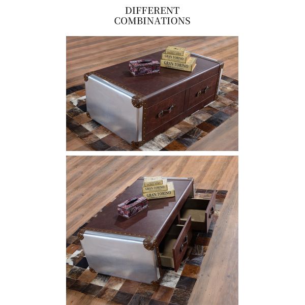 Nidea #8611 Red Wine  Bar Coffee Table Personalized Hotel Reception Room Industrial Style Double Drawer Retro Aluminum Leather Rivets