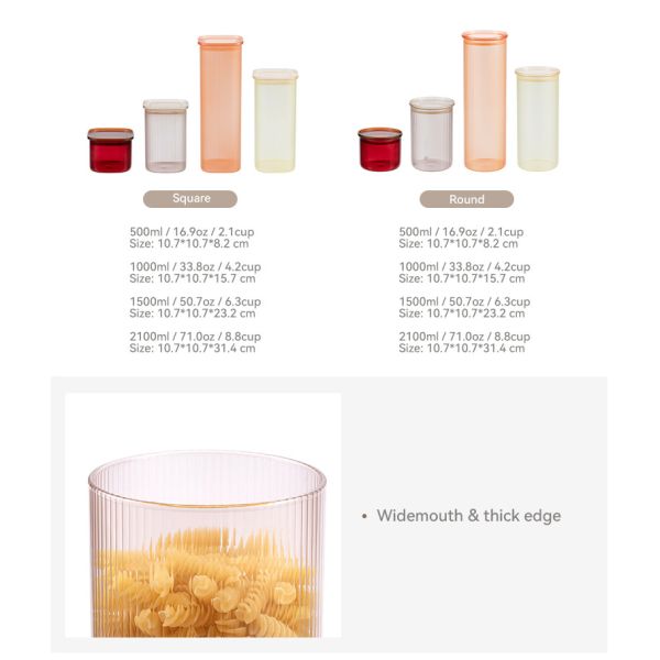 IKOO Factory Supplier 500ml 1000ml 1500ml Color Sprayed Stripe Glass Canister with Food-Grade PS Plastic Lid