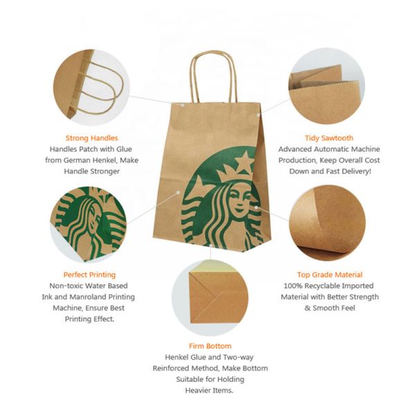 Personalised Kraft Paper Printed Takeaway Bags For Restaurant Hot Food