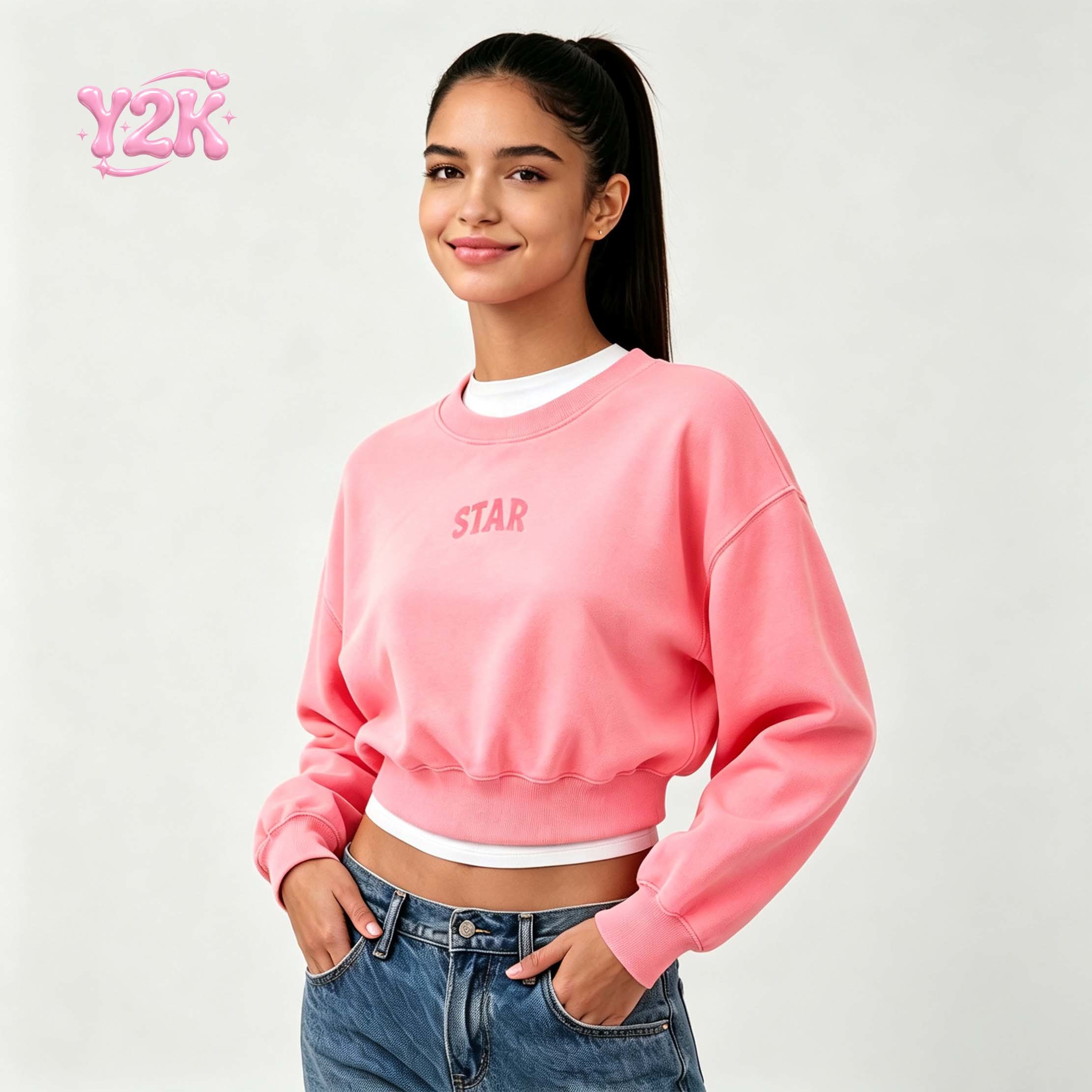 Women's Pink Y2K Oversized Cropped Hoodie Sweatshirt Top