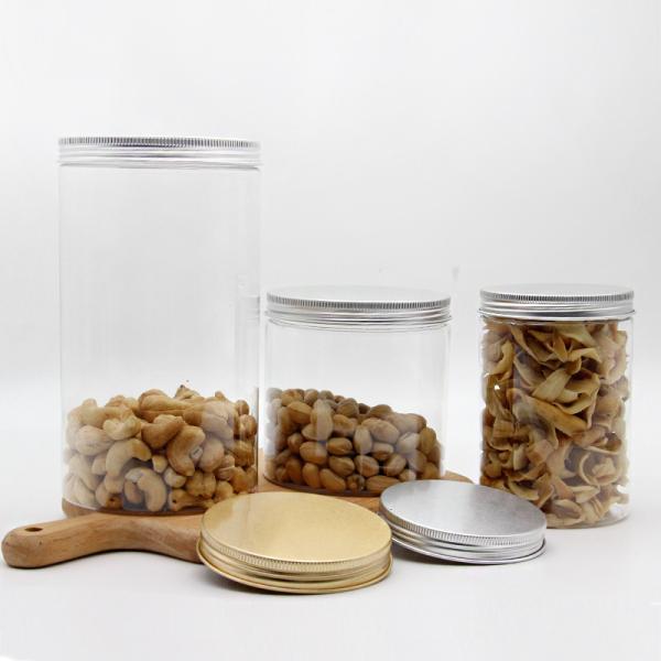 Armazenamento redondo plástico dos frutos secos do pó dos doces do frasco do ANIMAL DE ESTIMAÇÃO com tampas de prata