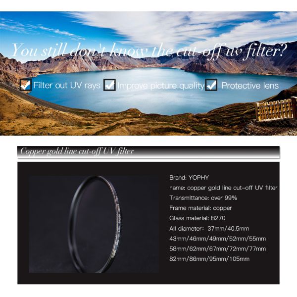 Camera Lens UV Filter 77mm 67mm 82mm Bebronze Ring with Optical Glass in Gold Line