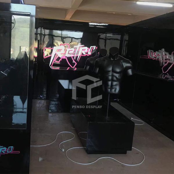 Powder coated Clothing Shop Display Furniture Dress Display Backdrop Stand With Shelves