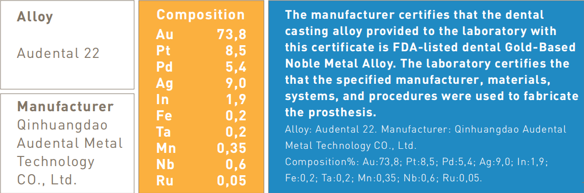Audental 22 Au73.8% Cerámica Dental amarilla de aleación de aleaciones altas y nobles Odontología