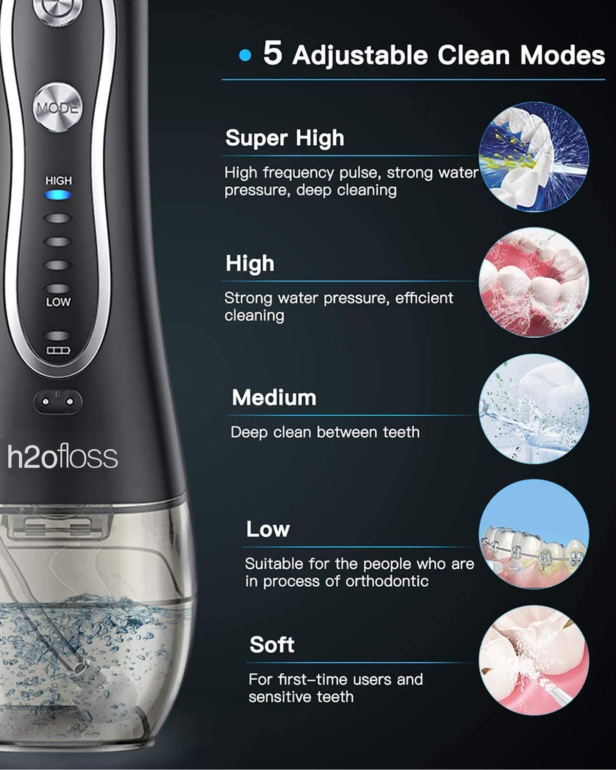 Вода Flosser irrigator 5 работая режимов устная, IPX7 вода Flosser с танком 300ml