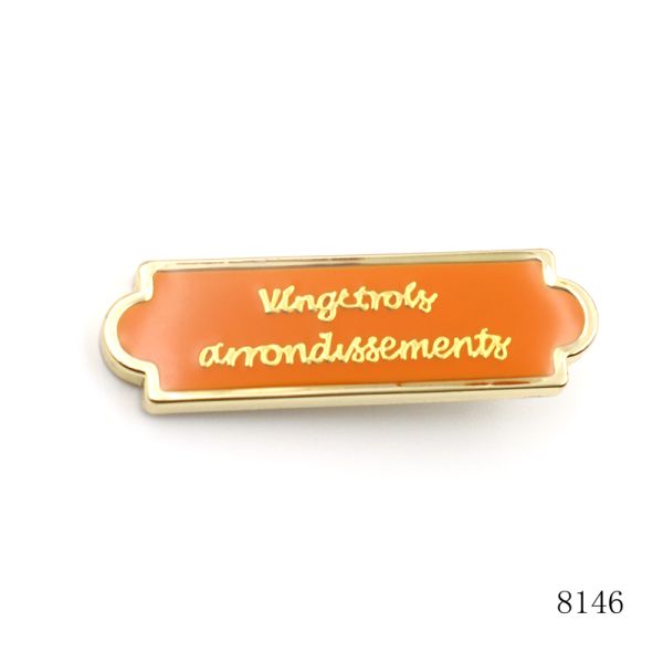 Gold Plated Zinc Alloy Orange Enamel Metal Tag Custom Metal Logo Plate with Iron Prong Feet