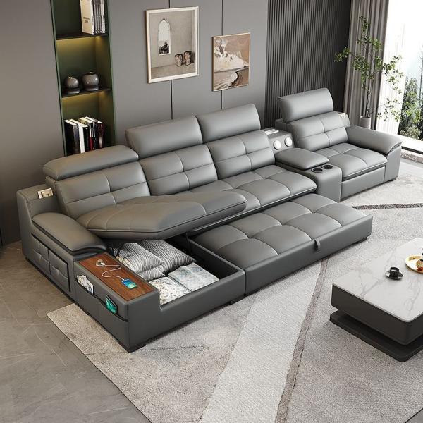 AiChuang Italian Style Modern Straight Row Telescopic Electric Multi-Function Living Room Leather Sofa Combination