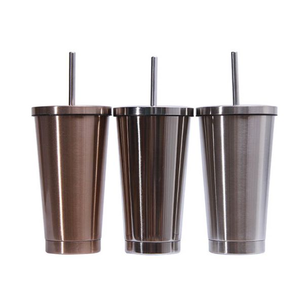 500ml 304 Stainless Steel Straw Cup , Creative Office Portable Straw Cups