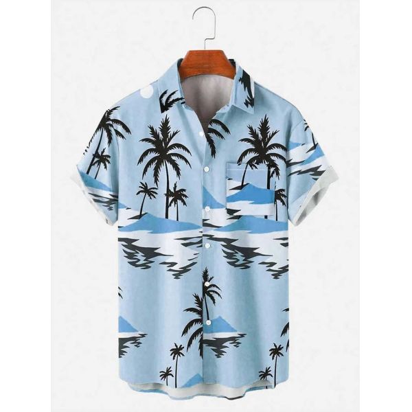 Camiseta de campamento hawaiana impresa a medida para hombres Allover Logotipo de diseño con botón cubierto