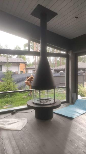 European Style Luxury Furniture High Grade Black Modern Carbon Steel Round Table Glass Art Rotating Fireplace