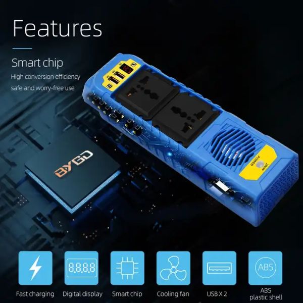 Car Fast Charger Aluminum Display Adapter Charger With Charging Cable Pure Sine Wave Inverter 12V Dc To 120V Ac For Car