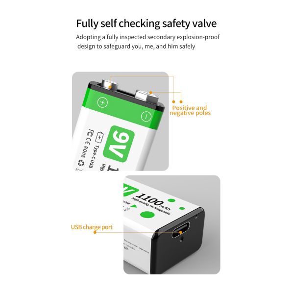 1100mAh 9V Lithium Rechargeable Battery Pack USB-C For Power Tools And Home Appliances