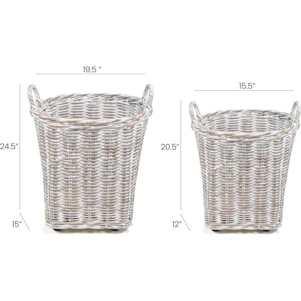 Hand-Woven Rattan Nesting Wicker Storage Baskets W/ Wheels And Handles, Seagrass Container For Decoration In Bedroom, Laundry Room,White Wash/Kubu Gray