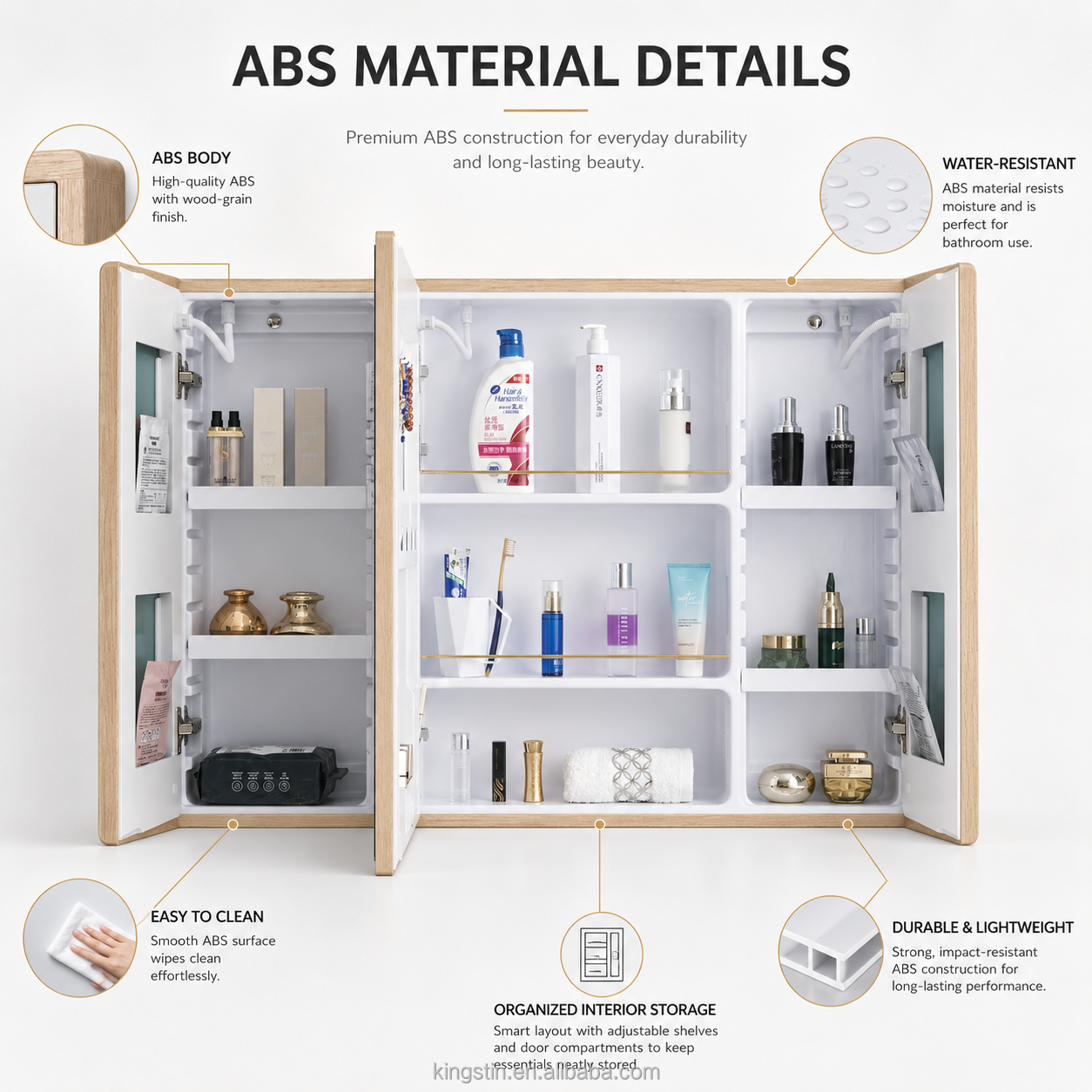 Kingstin Durable ABS Bathroom Mirror Cabinet, 3-Door Wall-Mounted Storage with Custom Size for Hotel Projects