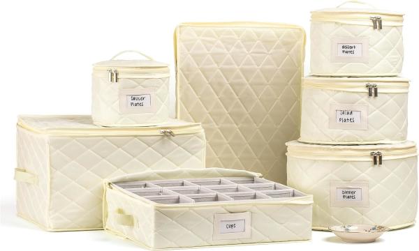 CHINA STORAGE CONTAINERS QUILTED. 7PC DISHES STORAGE KIT WITH 48 CUT-TO-SIZE FELT INNERS. FINE CHINA STORAGE, PLATE