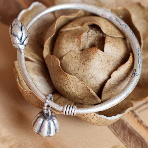 Sterling Silver Bangle Cuff Bracelet Engraved Water Lily Flower Vintage Jewelry(053128W)