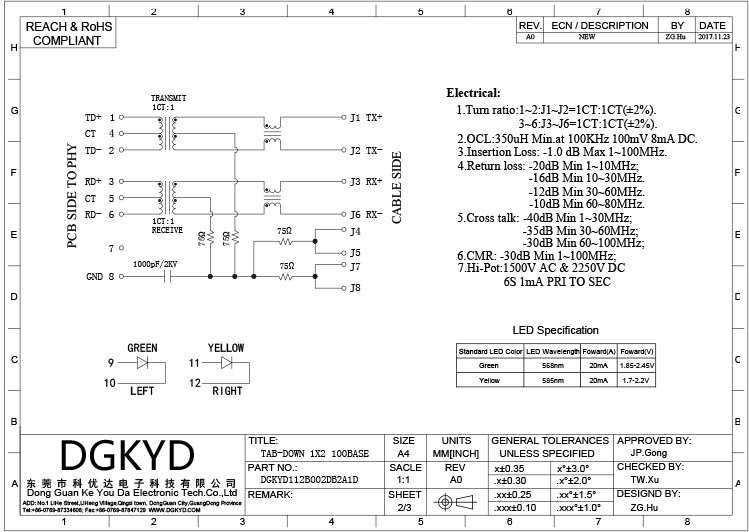 Соединители DGKYD112B002DB2A1D низкопрофильного 1x2 Cat6 RJ45 множественные гаван