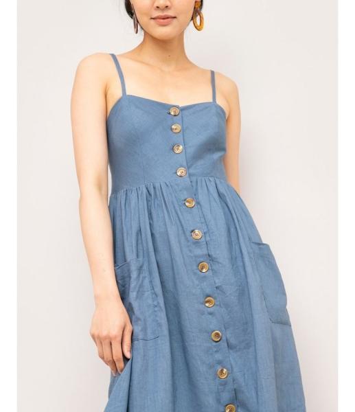 Summer chambray midi linen dress with a fit & flare silhouette and a button up front