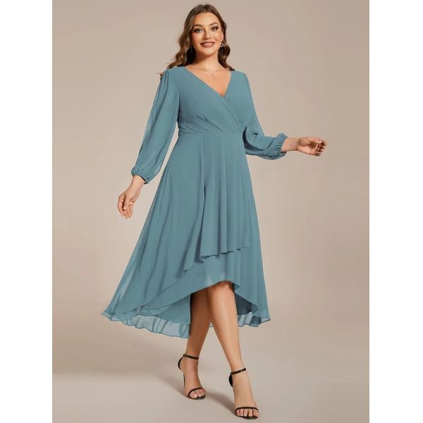 Plus Size Ruffled A-line Long Sleeve V-neck High Low Wedding Guest Dark Purple Chiffon Bridesmaid Dress