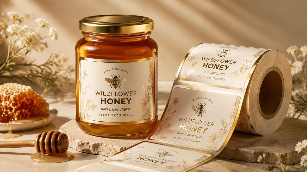 Custom Printing Honey Glass Jars Label Non Residue Sticker Die Cut Label Adhesive Waterproof logo Bottle Jar Food Labels