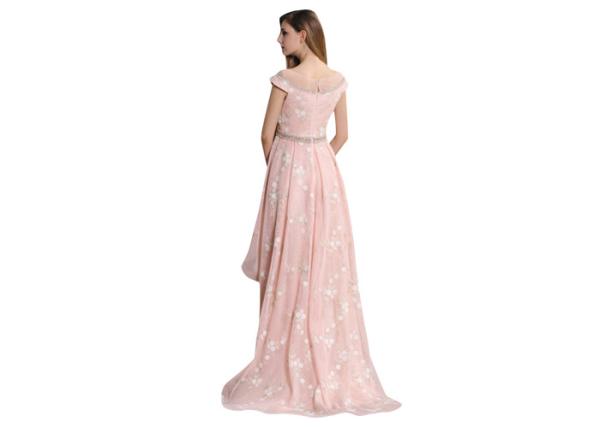 High Low Pink Color Cap Sleeve Long Evening Gowns With Shiny Details