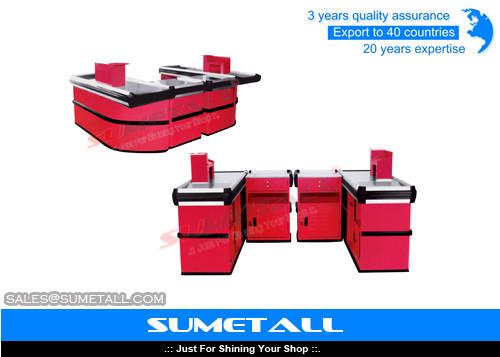 Red Color Electric Retail Checkout Counter / Stainless Steel Retail Cash Wrap Counter