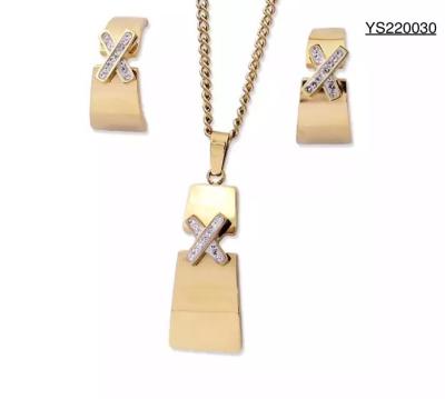 CE Stainless Steel Designer Jewelry X Rhinestone Inlaid Pendant Necklace Earrings Set