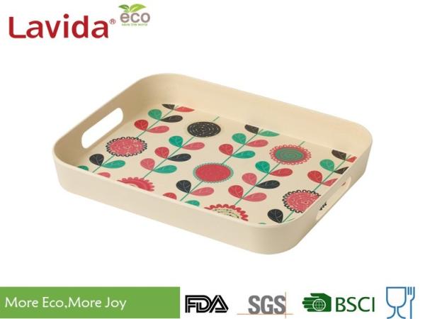 Food grade Home Professional Use Bamboo fibre Tray Plant Fibre Serving Tray with carrying side handles and decal prints