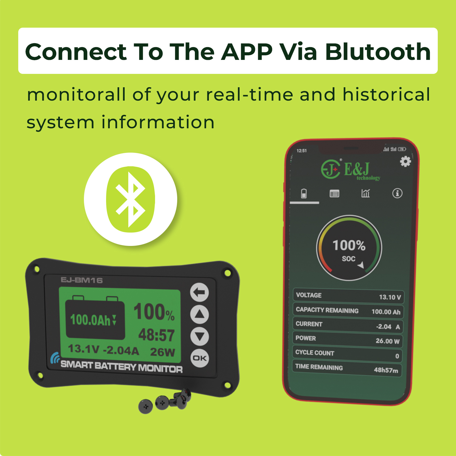 Smart Shunt Digital Battery Monitor 12V 500A For Golf Cart EV Motorhome Solar