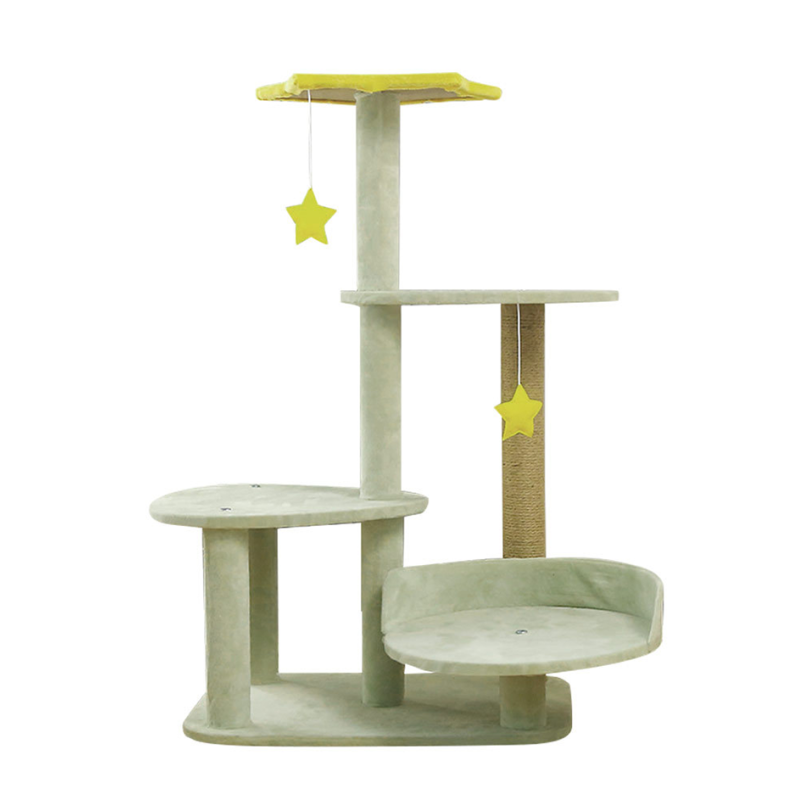 Yellow Stars and Sisal Post Plush Cat Climbing Frame in Light Green for All-Season Tree