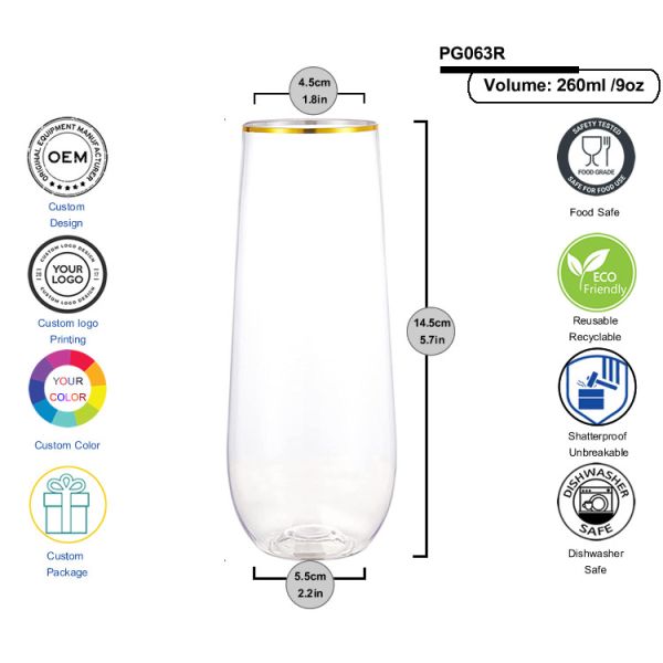 Gold Rim Shatterproof Stemless Wine Glasses 9oz Disposable Champagne Cups