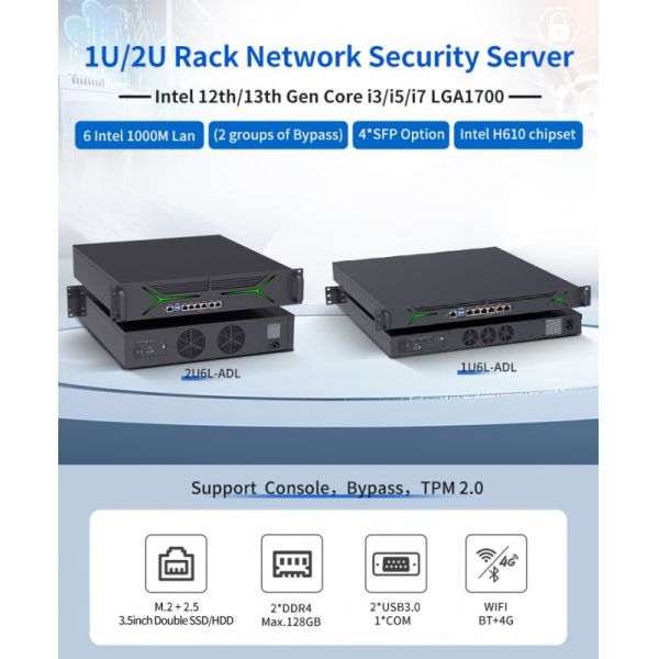 1U6L-ADL Rackmount Firewall Appliance with Watchdog Function, 2 M.2 Slots, and Intel Core i3/i5/i7 Support