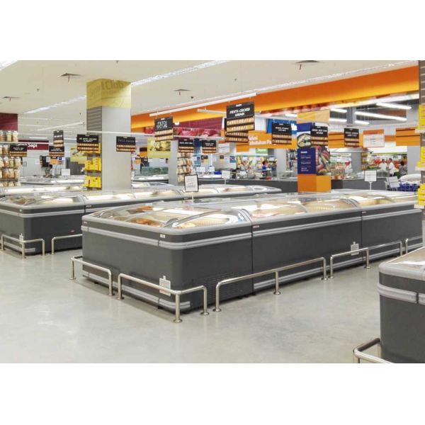Resbalando el congelador de cristal curvado 1050L comercial de la isla del supermercado de la puerta