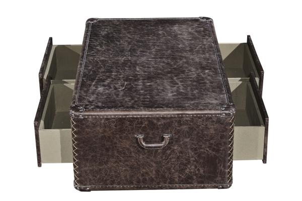 Dark Brown Leather Covered Coffee Table , Coffee Table Chest With Drawers