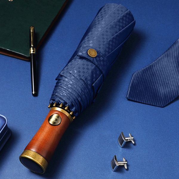Automatic Folding Men's Wooden Handle Umbrella with Solid Wood Shaft and Retro Design
