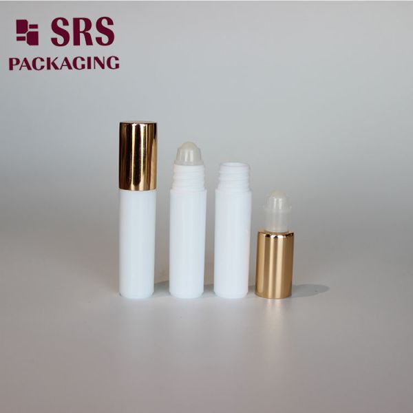 SRS empty cosmetic 5ml white plastic roller bottle with gold aluminum cap