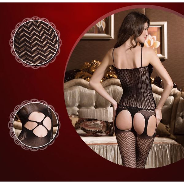 Women's One Piece Packed in Box Black Floral Lace and Net Garter Bodystocking