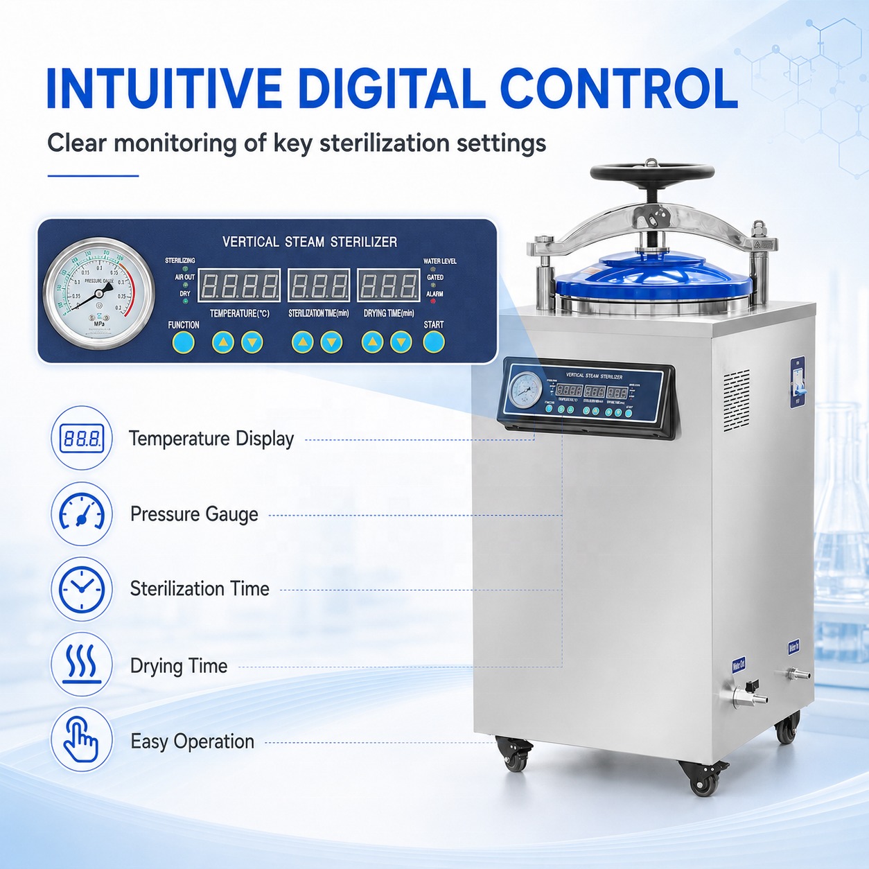 Cenlee 35/50/75/100L Factory Laboratory Use Microcomputer Control 0-240min Drying Automatic Protection Vertical Steam Sterilizer